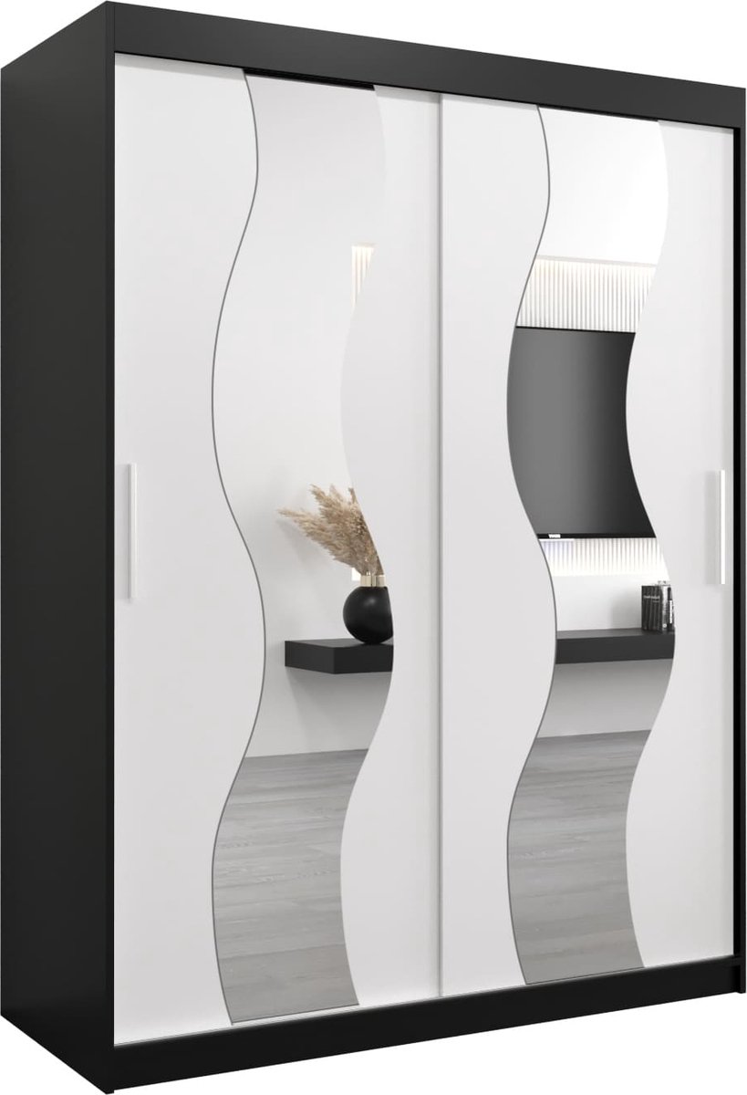 InspireME Kledingkast met 2 schuifdeuren, Modern-stijl, Een kledingkast met planken en een spiegel (BxHxD): 150x200x62 - REESE 150 Zwart Mat + Wit Mat met 2 lades