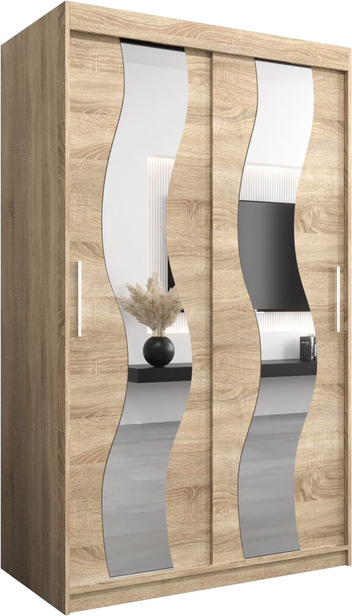 InspireME Kledingkast met 2 schuifdeuren, Modern-stijl, Een kledingkast met planken en een spiegel (BxHxD): 120x200x62 - REESE 120 Sonoma Eik met 2 lades
