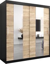 InspireMe - Kledingkast met 2 schuifdeuren, Modern-stijl, Een kledingkast met planken en een spiegel (BxHxD): 180x200x62 - DANCE 180 Zwart Mat + Sonoma Eik met 4 lades