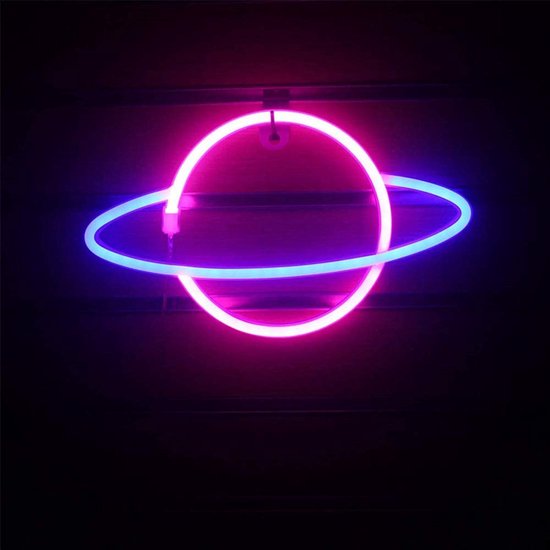 Lampe LED néon - Planète - Rose / Blauw - 17 x 30 cm - Incl. 3 piles AA -  USB - Applique | bol.com