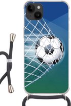 Geschikt voorApple Iphone 14 Plus - Crossbody Case - Een illustratie van een voetbal in het net -Jongens - Meisjes - Kinderen - Siliconen - Crossbody - Backcover met Koord - Telefoonhoesje met koord - Hoesje met touw