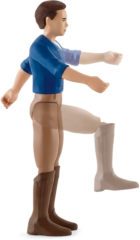 Figuur van een ruiter in blauw shirt en bruine laarzen, met beweegbare armen en benen.