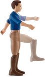 Figuur van een ruiter in blauw shirt en bruine laarzen, met beweegbare armen en benen.