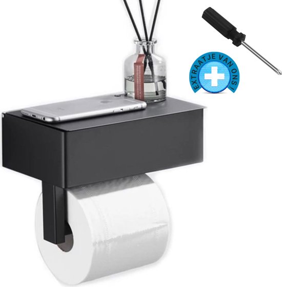 Framehack Wc rolhouder - opbergvak- Zwart - met plankje - zelfklevend/boren/zonder boren - toiletrolhouder