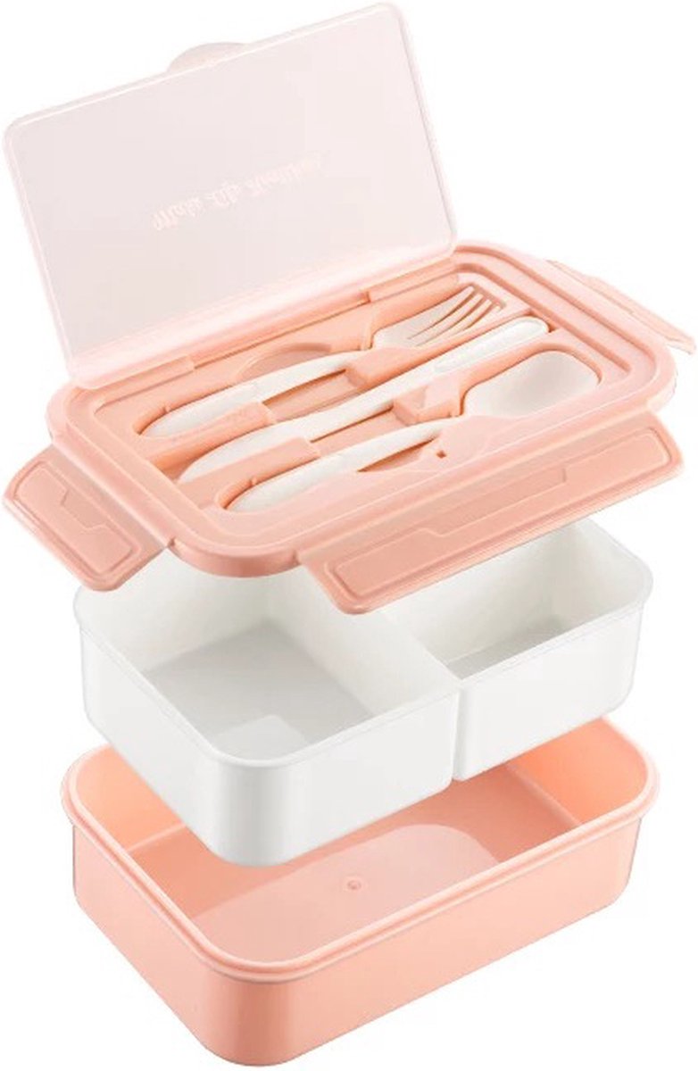 Consumerce® Premium Lunchbox met 3 Vakken en Bestek Roze – Lunchbox Volwassenen – Japanse Bento Box – Lunchbox Kinderen – Lunchbox Volwassenen Compartimenten – Brooddoos Volwassenen – Broodtrommel – Lunchtrommel – Salade Lunchbox – Saladebox