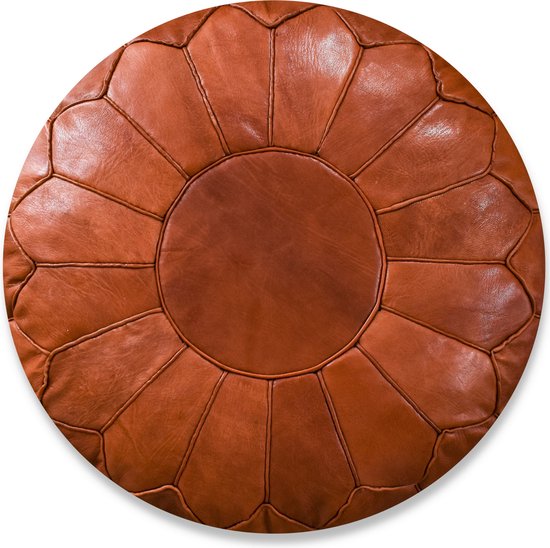 Poef Rond (XL) - Cognac Brown - Poef Leer - Handgemaakt - Ø60 x 35cm - Gevuld geleverd