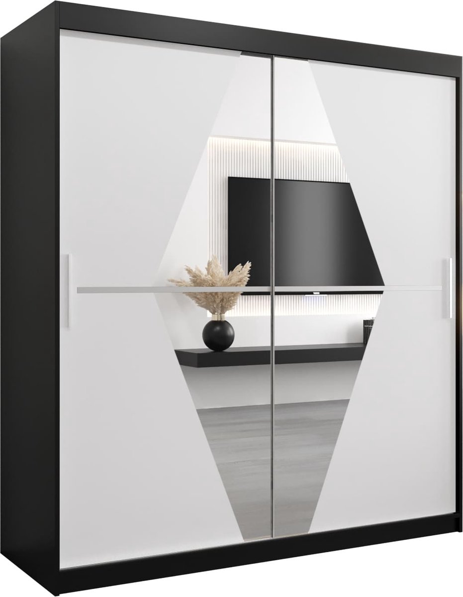 InspireME Kledingkast met 2 schuifdeuren, Modern-stijl, Een kledingkast met planken en een spiegel (BxHxD): 180x200x62 - BOLA 180 Zwart Mat + Wit Mat met 4 lades