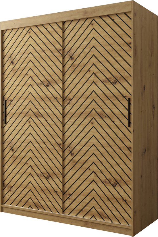 InspireMe - Kledingkast met 2 schuifdeuren, Modern-stijl, Een kledingkast met planken (BxHxD): 150x200x62 - LIMBA I 150 Artisan Eik + Zwart Mat