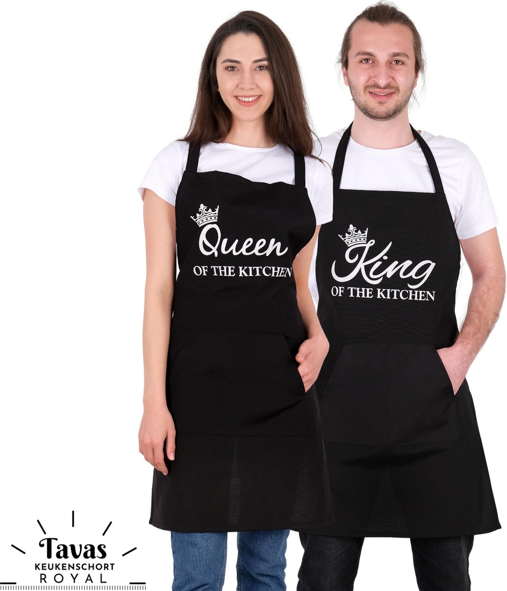 Queen King of the Kitchen Set van 2 Zwart 60x80 cm 2 Keukenschorten Kookschort met zakken Keukenschort dames Keukenschort voor vrouwen Keukenschort voor mannen cadeutje- kado Kook- BBQ