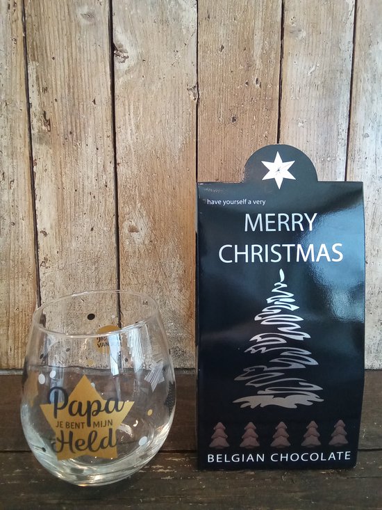 Cadeauset-Pakket-Kerst-Kerstmis-Kerstpakket-Chocolade-Belgische Chocolade-Merry Christmas-Happy New year-Happy-Gelukkig nieuwjaar-waterglas-glas-wijnglas-papa-held-vader-bonus vader-opa