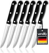 vendify® Premium steakmessen set van 6 - scherpe roestvrij stalen pizzames vaatwasmachinebestendig - roestvrije bestekset - gekartelde vleesmessen