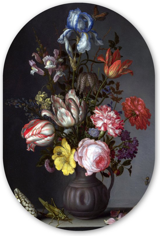 Muurovaal - Kunststof Wanddecoratie - Ovalen Schilderij - Bloemen in een vaas met schelpen en insecten - Balthasar van der Ast - 40x60 cm - Ovale spiegel vorm op kunststof