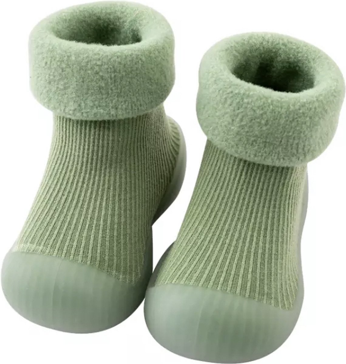 Fleece anti-slip schoentjes - sok sloffen - Eerste loopschoentjes van Baby-Slofje - effen groen - maat 18/19