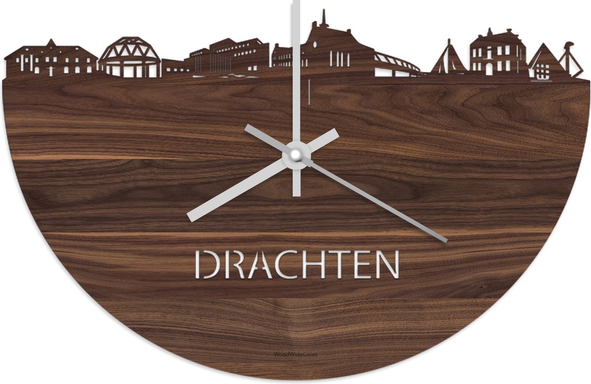 Skyline Klok Drachten Notenhout - Ø 40 cm - Stil uurwerk - Wanddecoratie - Meer steden beschikbaar - Woonkamer idee - Woondecoratie - City Art - Steden kunst - Cadeau voor hem - Cadeau voor haar - Jubileum - Trouwerij - Housewarming - WoodWideCities