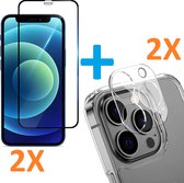 2X Volledige Dekking Scherm Tempered Glass Screen Protector + 2X Camera lens Beschermer Transparant Geschikt voor: Apple iPhone 12 Pro
