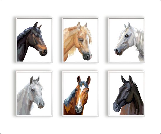 Postercity - Design Poster Set 6 Bruin Zwart Wit Paarden aquarel - Dieren Paarden Poster - Kinderkamer / Babykamer - 30x21cm / A4