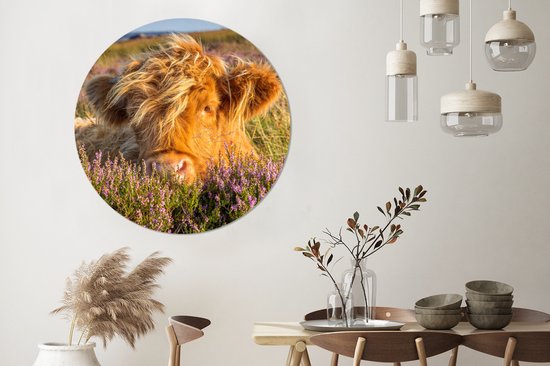 WallCircle - Stickers muraux - Cercle Papier Peint - Highlander écossais - Bruyère - Herbe - Animaux - 140x140 cm - Cercle Mural - Auto Adhésif - Autocollant Papier Peint Rond