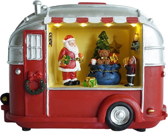 Kristmar caravan kerstdecoratie – Decoratie voor kerstdorp – Caravan met kerstman en kerstboom – Kerstdecoratie met LED-verlichting – L23.5xB10xH16 cm – Zilver/Rood
