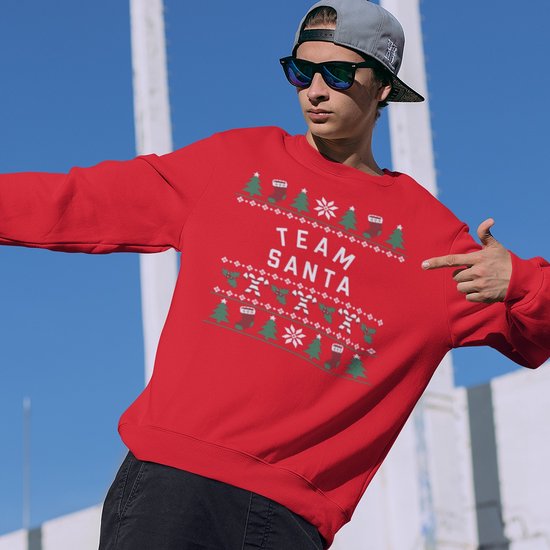 Kersttrui Candy Cane - Met tekst: Team Santa - Kleur Rood - ( MAAT M - UNISEKS FIT ) - Kerstkleding voor Dames & Heren