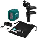 Teal VONROC kruislijnlaser met "VONROC" logo, USB-C kabel, opbergtas, en een zwarte klembeugel.
