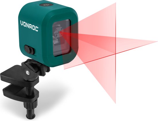 VONROC Kruislijnlaser– Rood – 4V accu – 1800mah - Zelfnivellerend – 10 meter bereik – Incl. bevestigingsbeugel, USB-C kabel & opbergtas