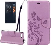 Voor Sony Xperia X Compact Butterflies Love Flowers Embossing Horizontale Flip Leather Case met houder & kaartsleuven & portemonnee & lanyard (lichtpaars)