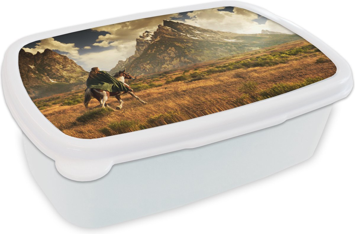 Broodtrommel Wit - Lunchbox - Brooddoos - Paard - Ruiter - Natuur - 18x12x6 cm - Volwassenen