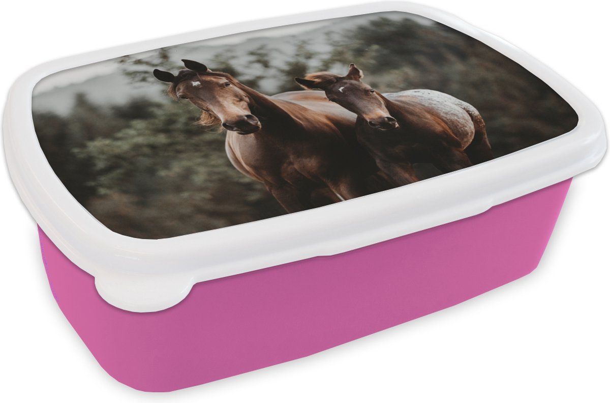 Broodtrommel Roze - Lunchbox - Brooddoos - Paarden - Bos - Berg - 18x12x6 cm - Kinderen - Meisje