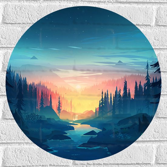 WallClassics - Muursticker Cirkel - Getekende Zonsondergang tussen Bomen - 50x50 cm Foto op Muursticker