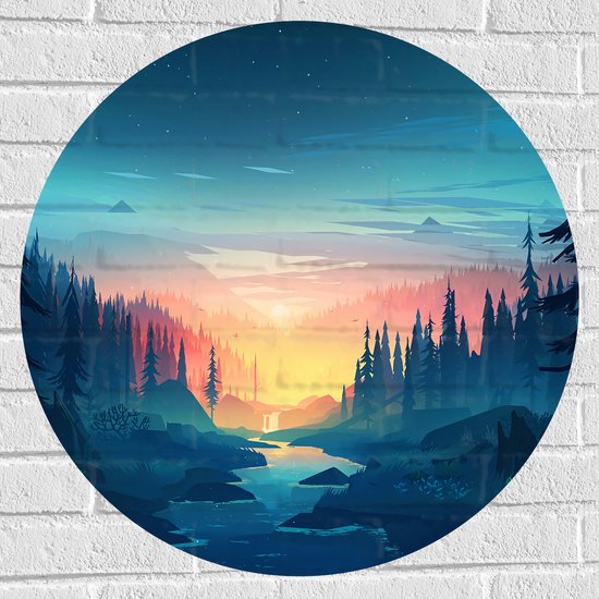 WallClassics - Muursticker Cirkel - Getekende Zonsondergang tussen Bomen - 70x70 cm Foto op Muursticker