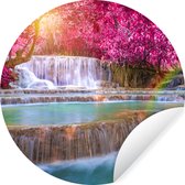 Behangcirkel - Waterval - Regenboog - Boom - Roze - Zelfklevend behang - 80x80 cm - Behangcirkel zelfklevend - Behang cirkel - Rond behang - Muurdecoratie rond