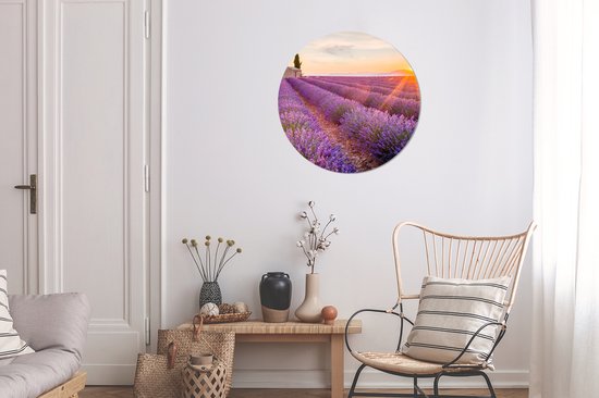 WallCircle - Papier peint cercle - Lavande - Fleurs - Coucher de soleil - Nature - Papier peint rond - Papier peint autocollant - 50x50 cm - Papier peint cercle fleurs - Papier peint autocollant - Papier peint cercle