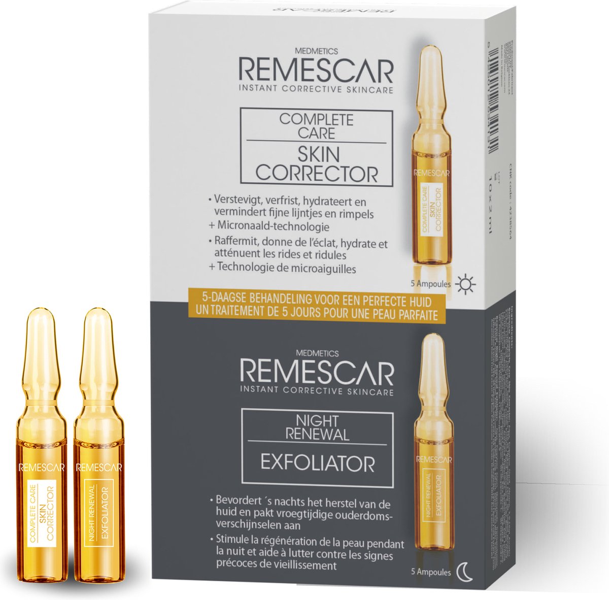Remescar Complete Care Perfect Skin 5 Day Behandeling - 5 Hydraterende Verhelderende Dag Ampullen en 5 Exfoliërende Nachtampullen - Microneedling Technologie - Bestrijd fijne lijntjes en vroege tekenen van veroudering