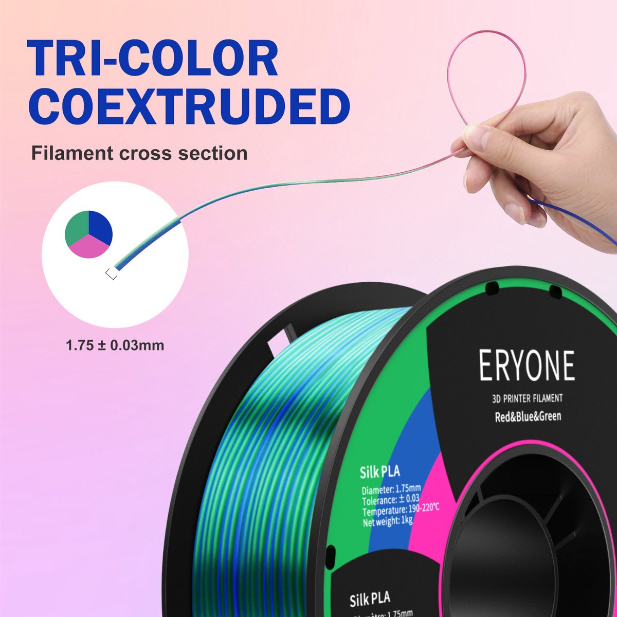 Eryone - Duo soie - Rouge + Blue + Vert - Filament PLA - 1Kg 1,75mm - Pour  imprimante