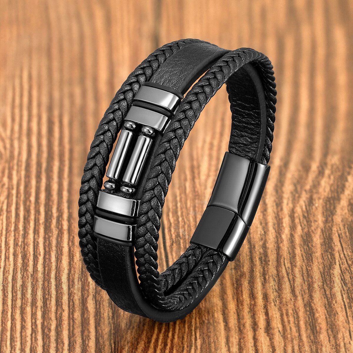 WiseGoods Luxe Vintage Herenarmband - Edelstenen Armband Heren - Armbanden - Leder - Armbandje - Sieraden - Cadeau - Zwart 19cm