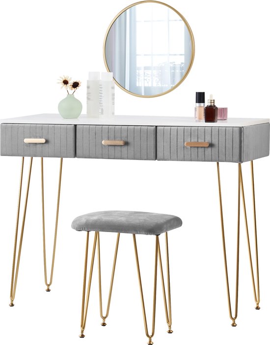 THA Maquillage Table - Coiffeuse - Avec Miroir - Buffet - Coiffeuse de Luxe - Chambre - Look Moderne - Grijs/ Or