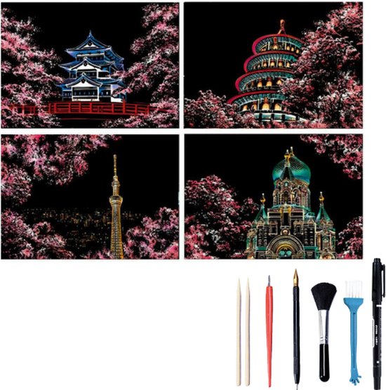 Scratch Art A4 Deluxe 12-in-1 Set | Incl. 7 Tools | Kinderen en Volwassenen | Magic Kras Tekeningen Kraskaarten Krasfolie Kraskaart | Knutselen Tekenen | Painting Schilderen op Nummer Diamond Painting | Knutselpakket Tekenpakket Handwerken
