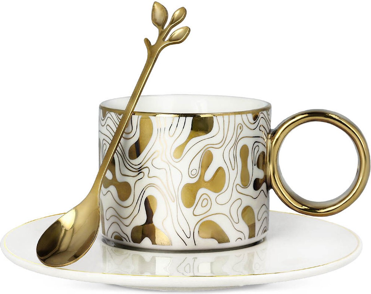 HOMLA Nila Theekop met Schotel & Lepel Vintage Design - Elegante Mok voor Koffie en Warme Dranken Glamour Stijl - 150 ml Porselein Goud Afwerking Wit