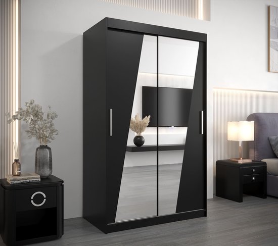 InspireMe - Kledingkast met 2 schuifdeuren, Modern-stijl, Een kledingkast met planken en een spiegel (BxHxD): 120x200x62 - THOR 120 Zwart Mat