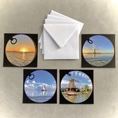 Ansichtkaart ~ Set van 4 met Envelop ~ Blanco ~ Vierkant ~ Wenskaart ~ Postkaart ~ Fotokaart ~ Postcard ~ Kaart Kaarten ~ Vuurtoren Molen Zeilboot Zonsondergang Water Natuur
