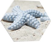WallClassics - PVC Schuimplaat Hexagon  - Blauwe Zeesterren op het Strand - 60x52.2 cm Foto op Hexagon (Met Ophangsysteem)
