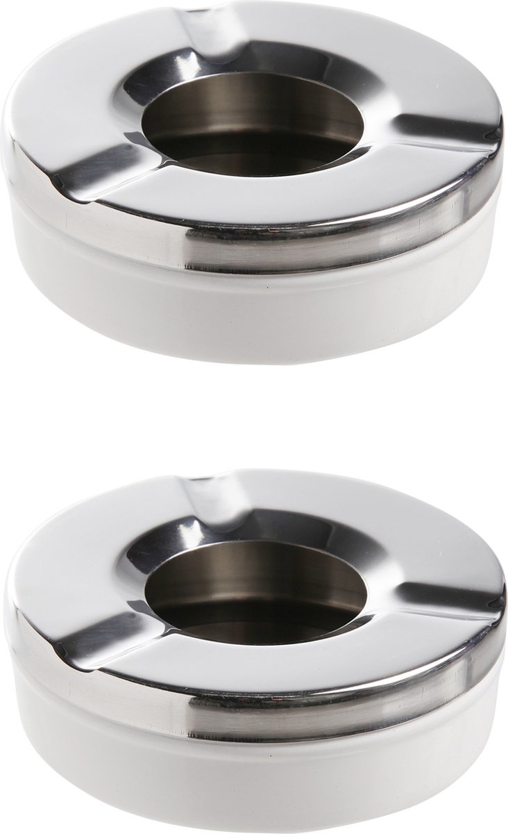 Goedkoopste 2x stuks ronde terras asbakken zilver RVS 9,5 x 3.2 cm - Asbakken voor buiten