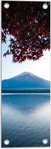 WallClassics - Tuinposter – Boom hangend over Meer bij Berg - 20x60 cm Foto op Tuinposter  (wanddecoratie voor buiten en binnen)