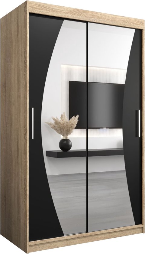 InspireMe - Kledingkast met 2 schuifdeuren, Modern-stijl, Een kledingkast met planken en een spiegel (BxHxD): 120x200x62 - KAHUNA 120 Sonoma Eik + Zwart Mat