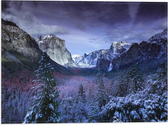 WallClassics - Vlag - Besneeuwde Bergen met Bomen en Rotsen - 40x30 cm Foto op Polyester Vlag
