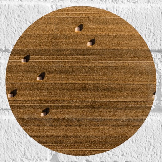 WallClassics - Muursticker Cirkel - Bovenaanzicht van Hooibalen op Landbouwgrond - 20x20 cm Foto op Muursticker