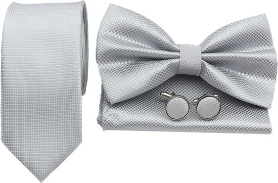 Sorprese Tie Set - Check - Argent Narrow - comprenant une pochette à nœud et des boutons de manchette - cravates pour hommes - nœud papillon