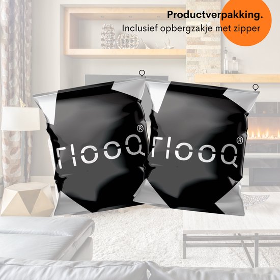 Deux sacs de rangement noirs avec le logo "flooq" sur fond blanc.