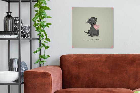 Une illustration d'un chiot noir avec un coeur toile 50x50 cm - Tirage photo sur toile (Décoration murale salon / chambre) / Peintures sur toile Animaux domestiques