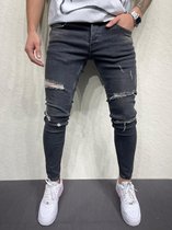 Mannen Stretchy Ripped Skinny Biker Borduurwerk Cartoon Print Jeans Vernietigd Hole Slim Fit Denim Hoge Kwaliteit Hip Hop Zwarte Jeans - W33